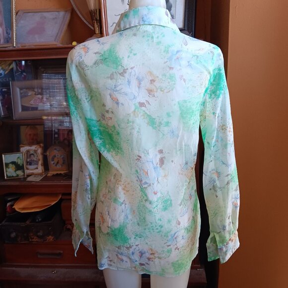 Vintage 70's Medium Sheer Floral Button-Down Blouse Long Sleeve Retro Pykettes - Picture 8 of 10
